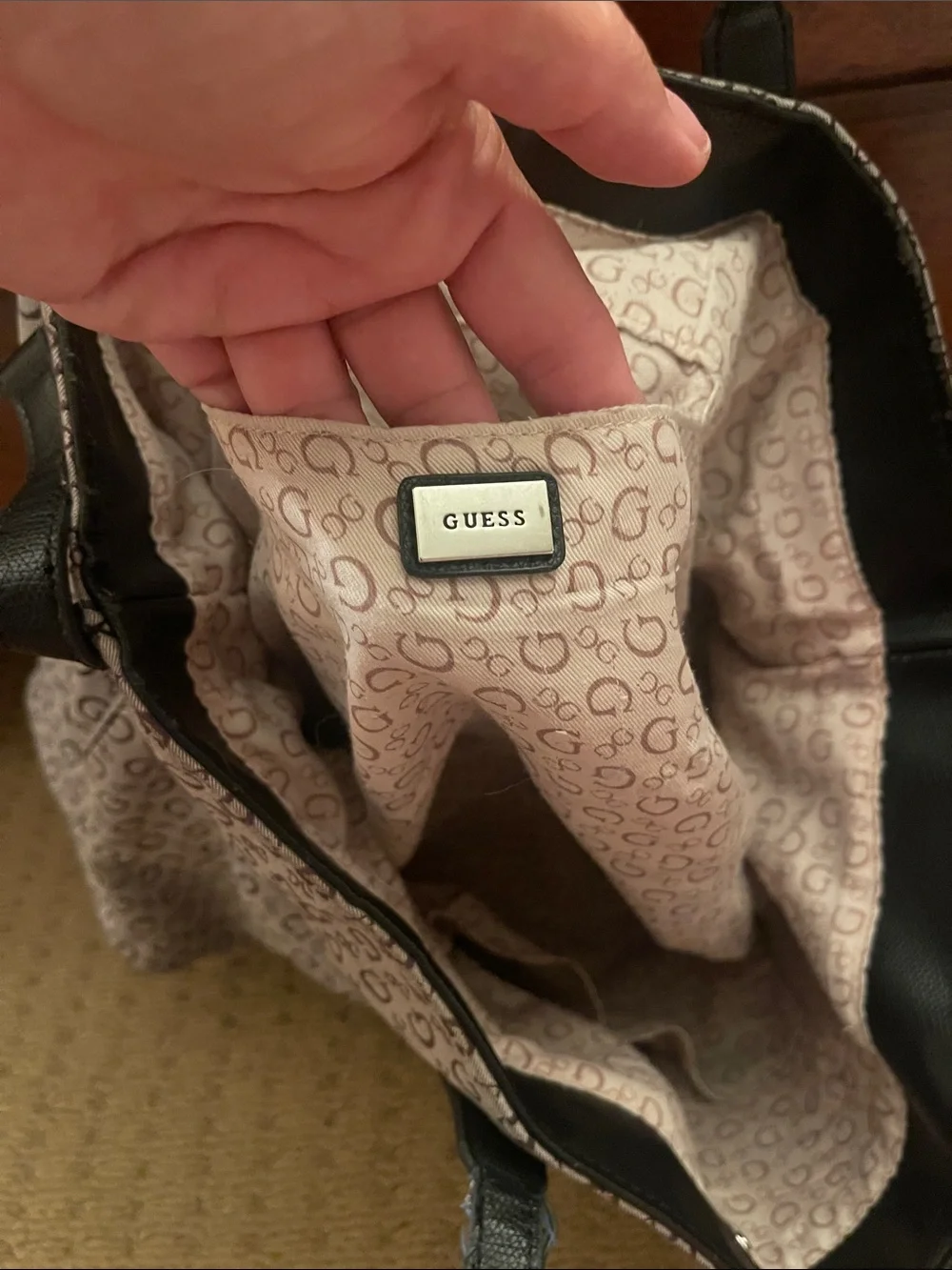 GUESS Cream Logo-Print Tote with Black Trim